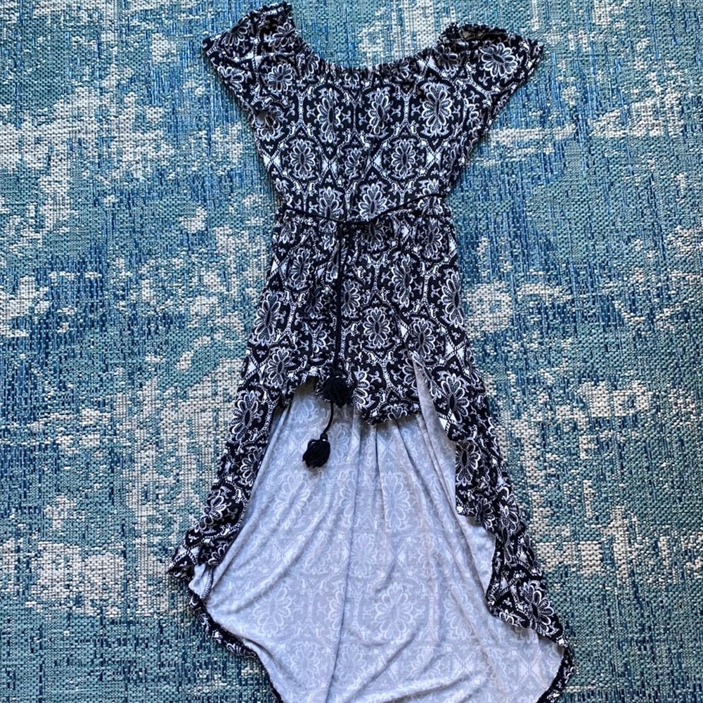 Justice black and white romper - high low hem with corded belt.